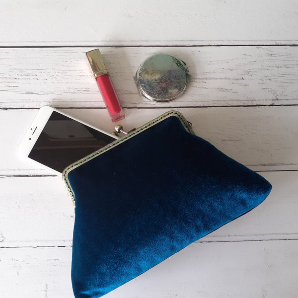 Petrol Blue Velvet 5.5 Inch Clasp Purse Frame Clutch Bag