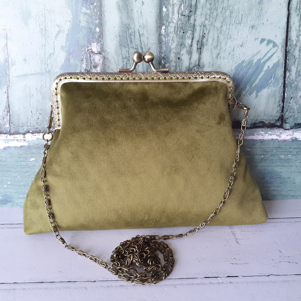 Olive Green Velvet 5.5 Inch Clasp Purse Frame Clutch Bag