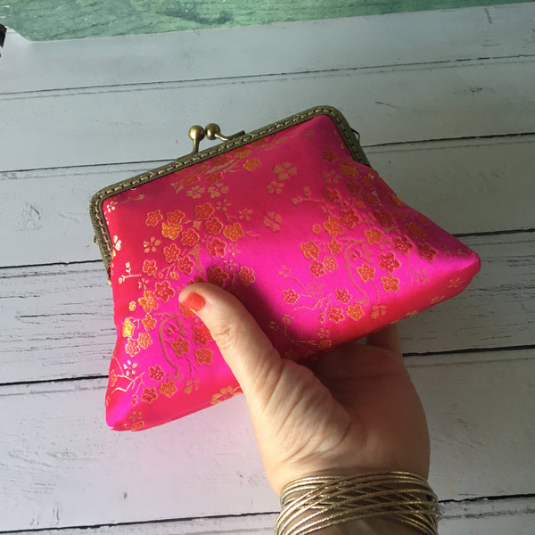 Pink and Gold Blossom Embroidered Brocade 5.5 Inch Clasp Purse Frame Clutch Bag