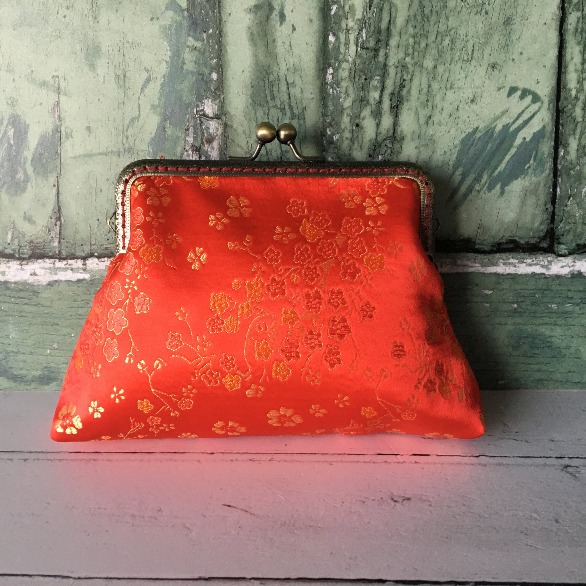 Red and Gold Blossom Embroidered Brocade 5.5 Inch Clasp Purse Frame Clutch Bag