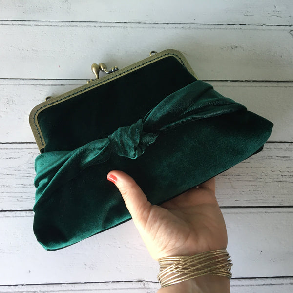 Emerald Green Bow Velvet 8 Inch Bronze Clasp Purse Frame Clutch Bag