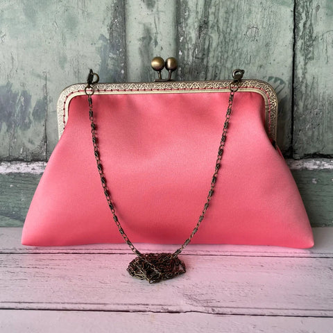 Coral Pink Satin 8 Sew-In Bronze Clasp Purse Frame Clutch Bag