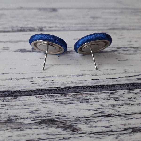 Lime Green Satin Fabric Button Stainless Steel Stud Earrings