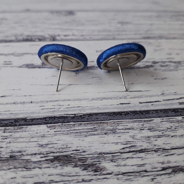 Navy Blue Satin Fabric Button Stainless Steel Stud Earrings