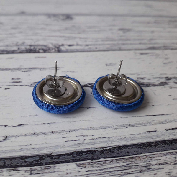 Lime Green Satin Fabric Button Stainless Steel Stud Earrings