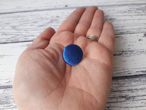 Navy Blue Satin Fabric Button Stainless Steel Stud Earrings