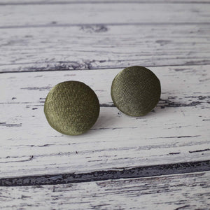Olive Green Satin Fabric Button Stainless Steel Stud Earrings