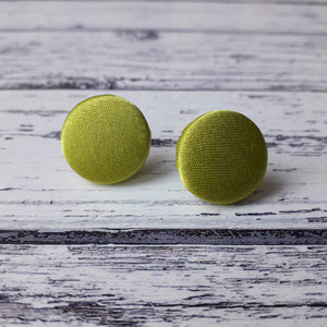 Lime Green Satin Fabric Button Stainless Steel Stud Earrings