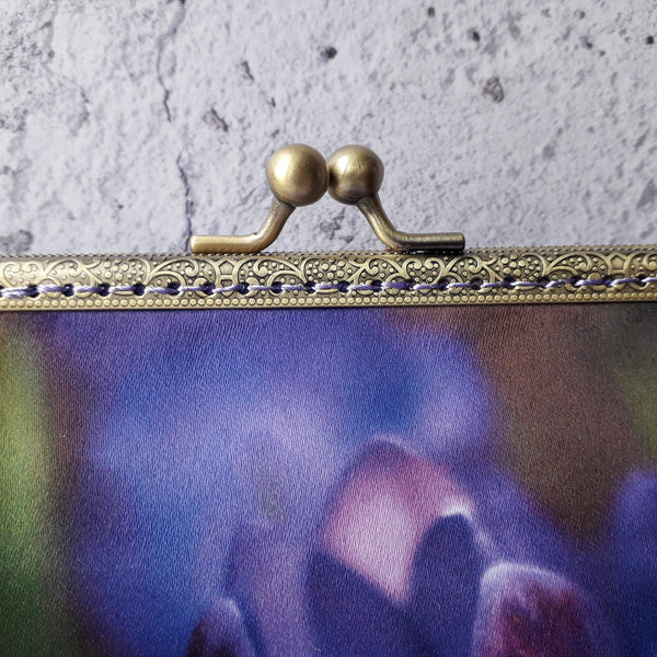 Spring Purple Crocus Floral Satin 5.5 Inch Bronze Clasp Purse Frame Clutch Bag