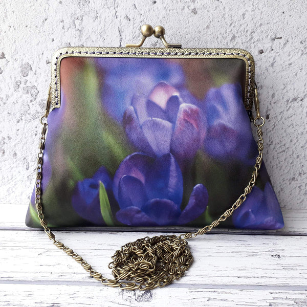 Spring Purple Crocus Floral Satin 5.5 Inch Bronze Clasp Purse Frame Clutch Bag
