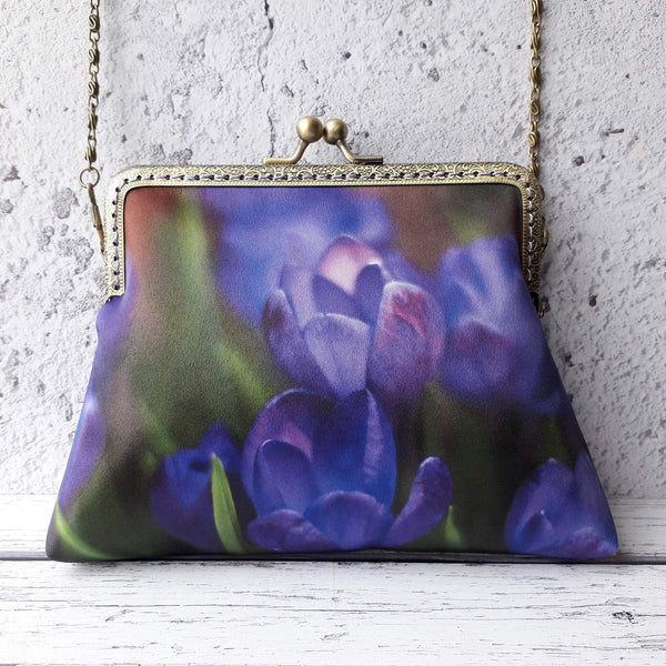 Spring Purple Crocus Floral Satin 5.5 Inch Bronze Clasp Purse Frame Clutch Bag