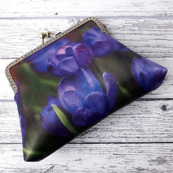 Spring Purple Crocus Floral Satin 5.5 Inch Bronze Clasp Purse Frame Clutch Bag