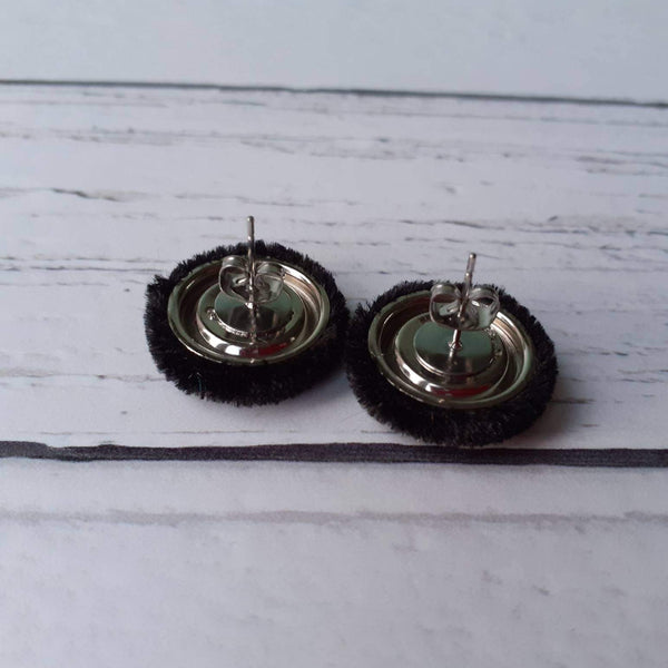 Black Velvet Fabric Button Stainless Steel Scroll Back Stud Earrings
