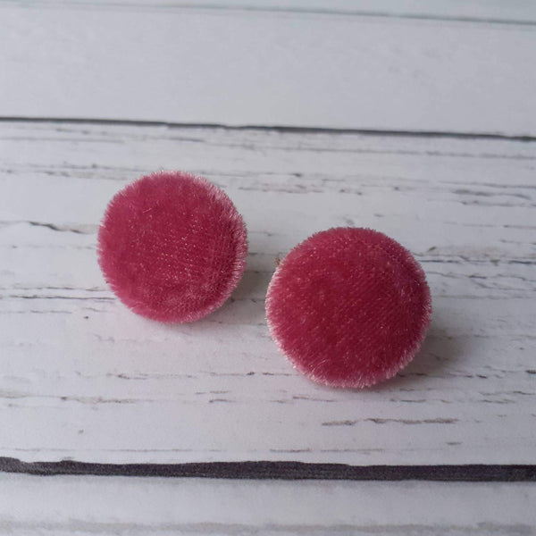 Antique Dusty Pink Velvet Fabric Button Stainless Steel Scroll Back Stud Earrings