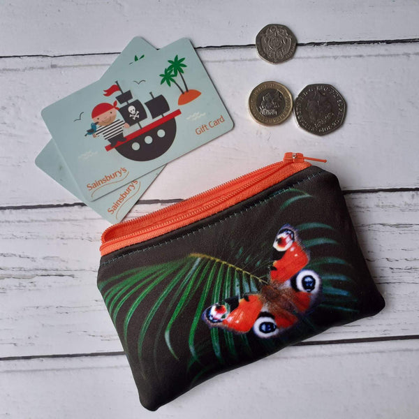 Green Tropical Leaf Red Butterfly Satin Coin Zipper Purse Pouch