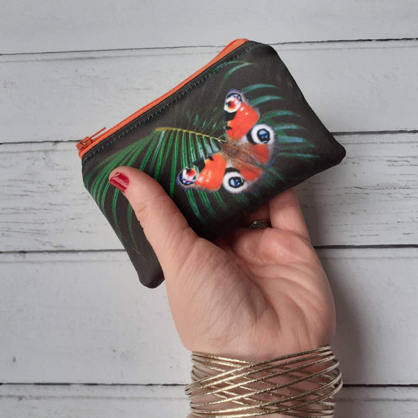 Green Tropical Leaf Red Butterfly Satin Coin Zipper Purse Pouch