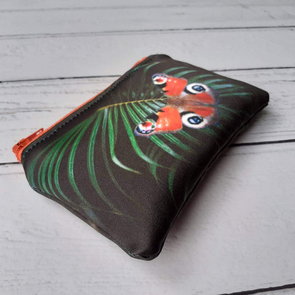 Green Tropical Leaf Red Butterfly Satin Coin Zipper Purse Pouch