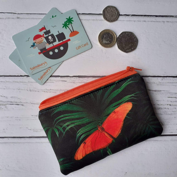 Green Tropical Leaf Orange Butterfly Satin Coin Zipper Purse Pouch
