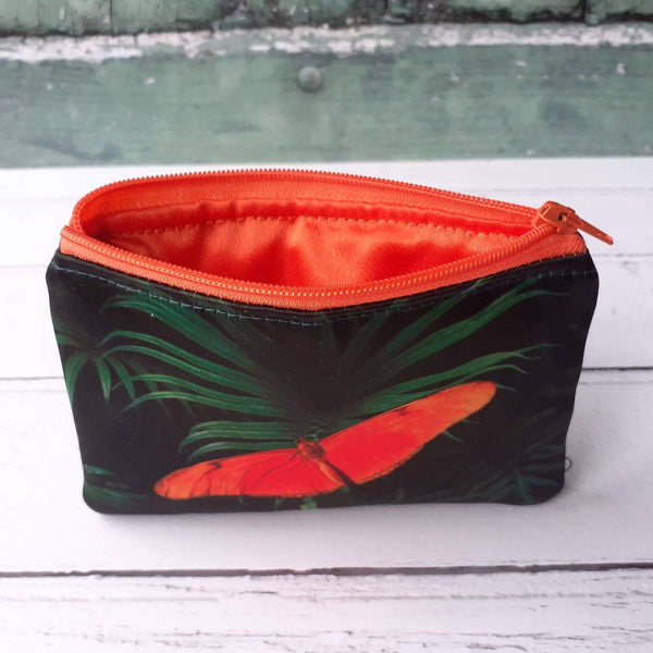 Green Tropical Leaf Orange Butterfly Satin Coin Zipper Purse Pouch