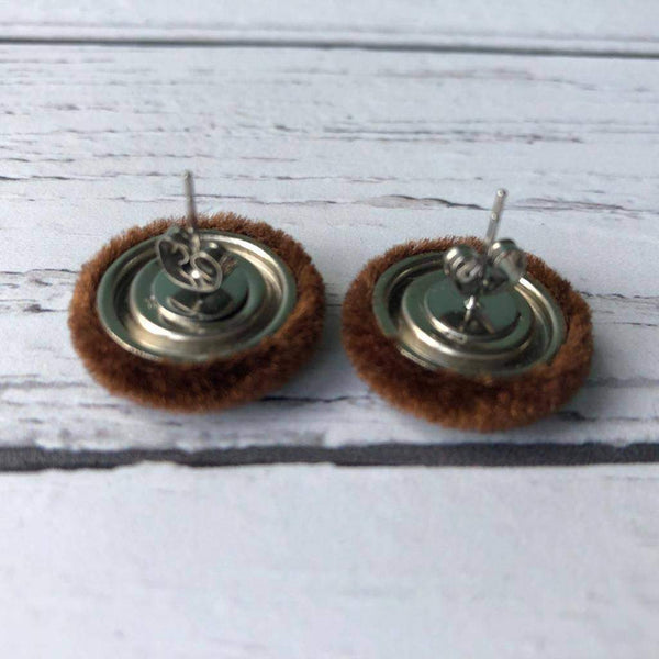 Chestnut Brown Velvet Fabric Button Stainless Steel Stud Earrings