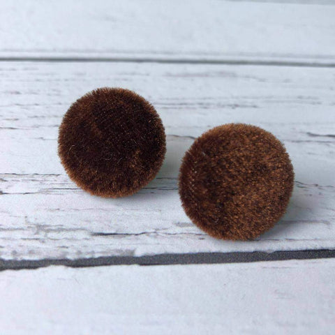 Chestnut Brown Velvet Fabric Button Stainless Steel Stud Earrings