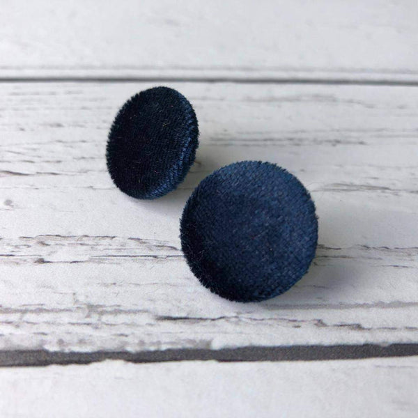 Navy Blue Crushed Velvet Fabric Button Stainless Steel Stud Earrings
