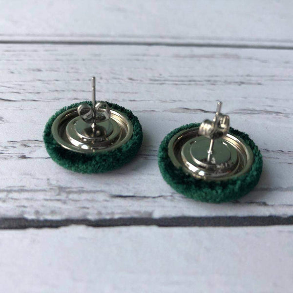 Deep Emerald Green Velvet Fabric Button Stainless Steel Stud Earrings