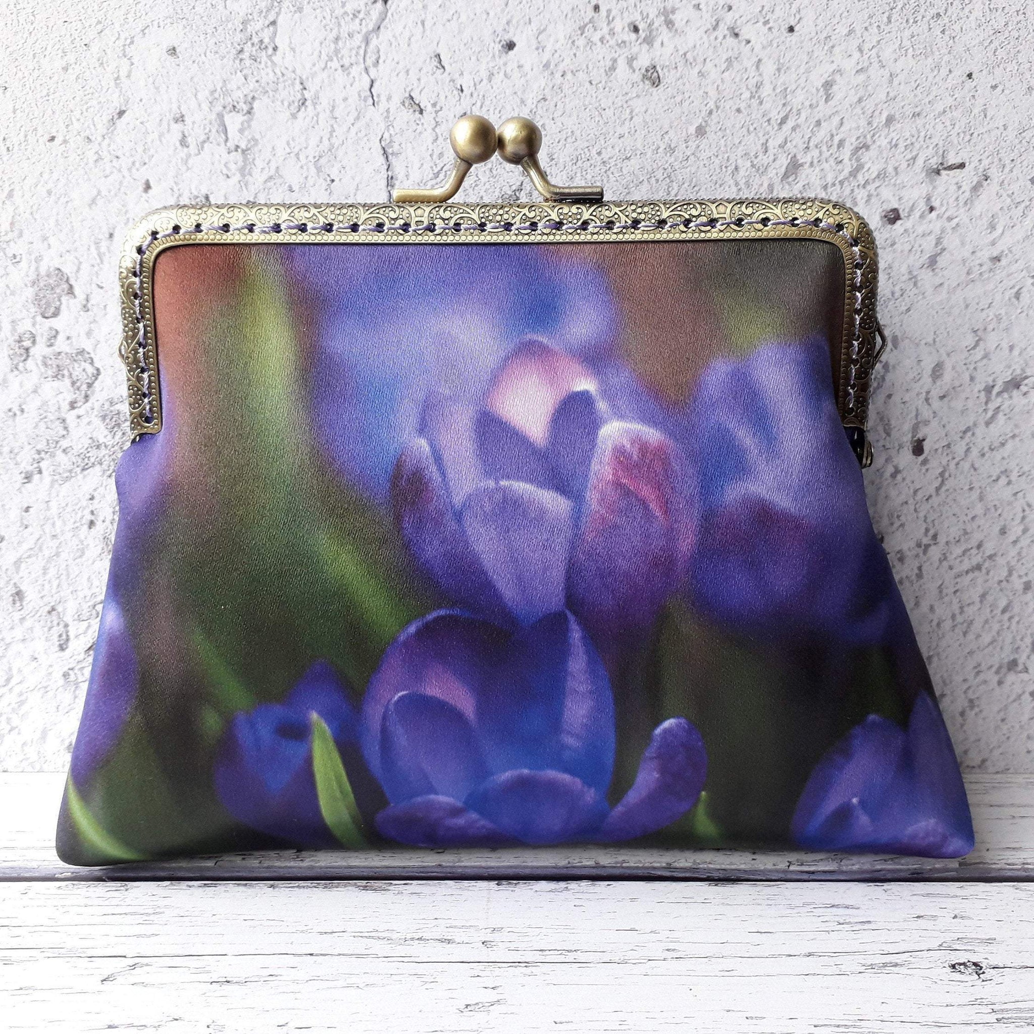 Spring Purple Crocus Floral Satin 5.5 Inch Bronze Clasp Purse Frame Clutch Bag