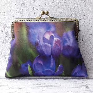 Spring Purple Crocus Floral Satin 5.5 Inch Bronze Clasp Purse Frame Clutch Bag