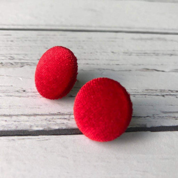Christmas Red Velvet Fabric Button Stainless Steel Stud Earrings