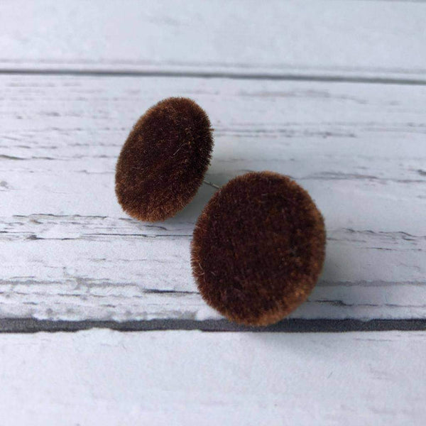 Chestnut Brown Velvet Fabric Button Stainless Steel Stud Earrings