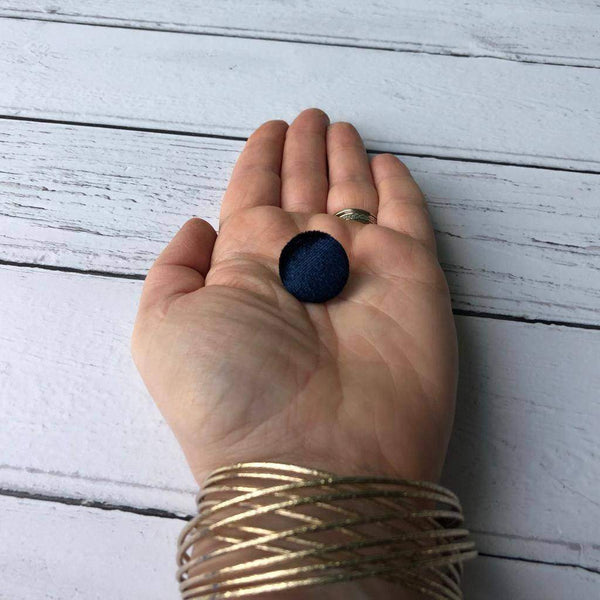 Navy Blue Crushed Velvet Fabric Button Stainless Steel Stud Earrings