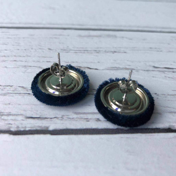 Navy Blue Crushed Velvet Fabric Button Stainless Steel Stud Earrings