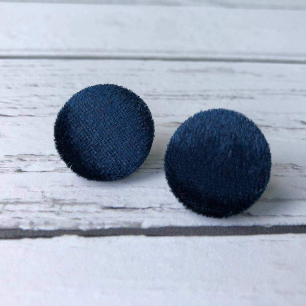 Navy Blue Crushed Velvet Fabric Button Stainless Steel Stud Earrings