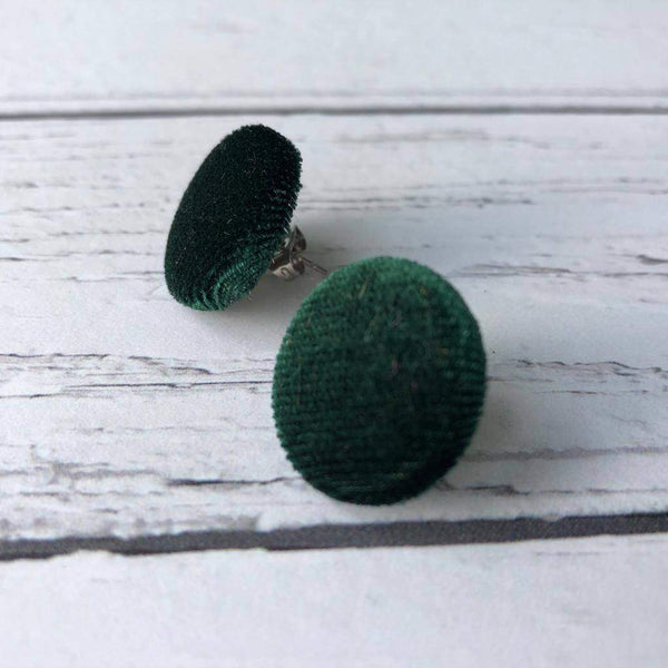 Deep Emerald Green Velvet Fabric Button Stainless Steel Stud Earrings