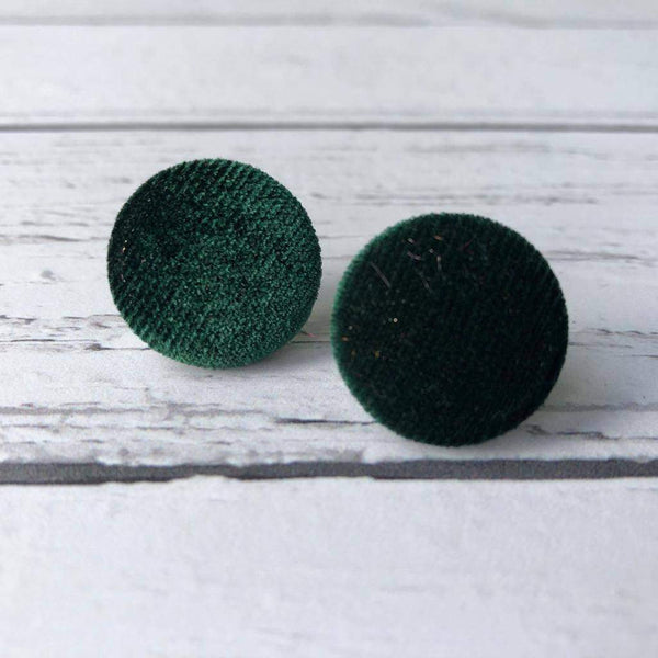 Deep Emerald Green Velvet Fabric Button Stainless Steel Stud Earrings