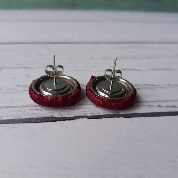 Wine Red Satin Fabric Button Stainless Steel Stud Earrings