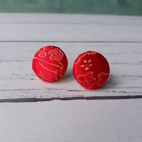 Bright Red Floral Brocade Fabric Button Stainless Steel Stud Earrings