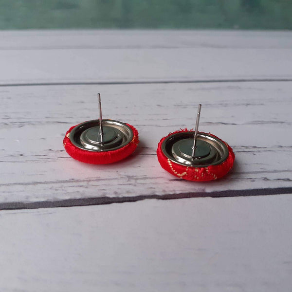 Bright Red Floral Brocade Fabric Button Stainless Steel Stud Earrings