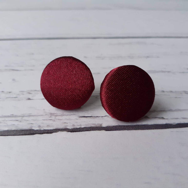 Wine Red Satin Fabric Button Stainless Steel Stud Earrings