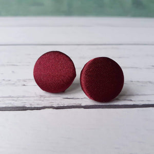 Wine Red Satin Fabric Button Stainless Steel Stud Earrings