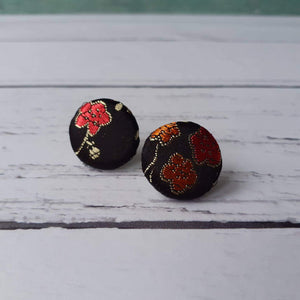 Black and Red Floral Brocade Fabric Button Stainless Steel Stud Earrings