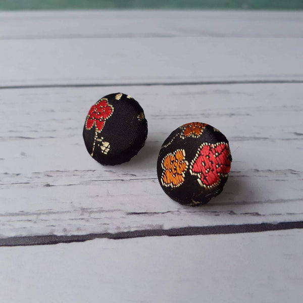 Black and Red Floral Brocade Fabric Button Stainless Steel Stud Earrings