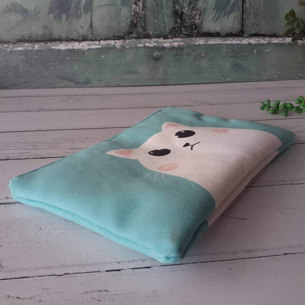 Mint Green White Grumpy Cartoon Cat Canvas Larger Zipper Pouch