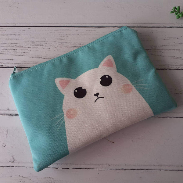 Mint Green White Grumpy Cartoon Cat Canvas Larger Zipper Pouch
