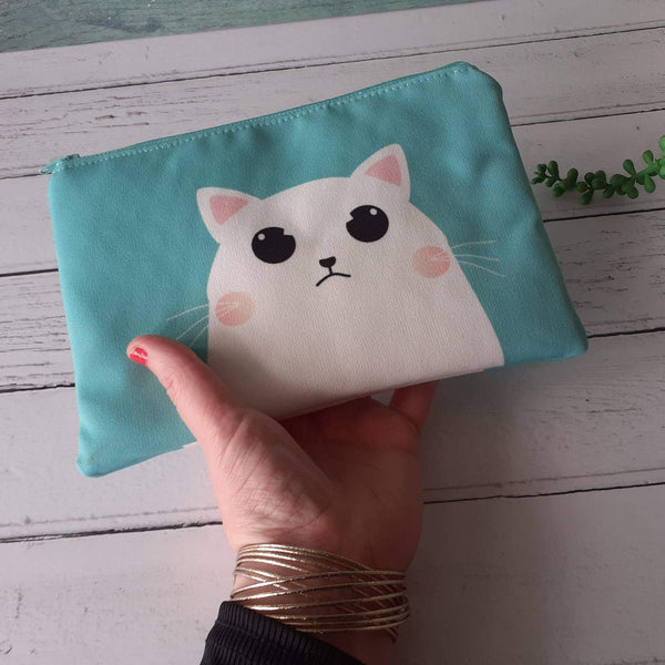 Mint Green White Grumpy Cartoon Cat Canvas Larger Zipper Pouch