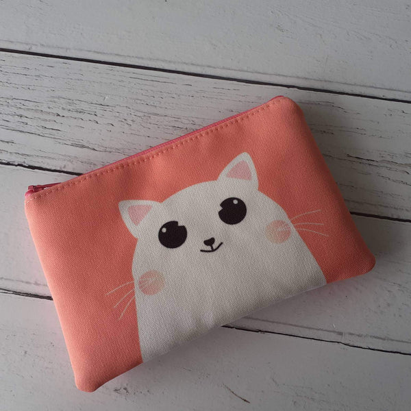 Peach and White Happy Cartoon Cat Canvas Smaller Zipper Pouch