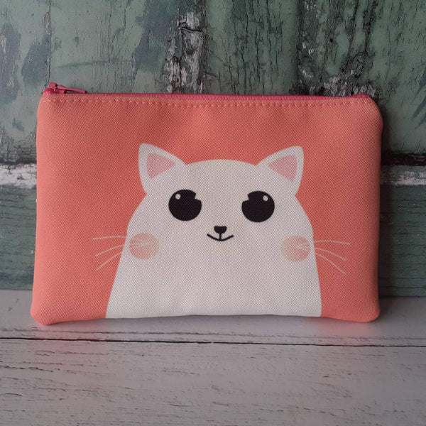 Peach and White Happy Cartoon Cat Canvas Smaller Zipper Pouch