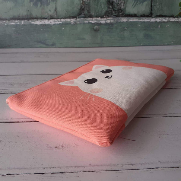 Peach and White Happy Cartoon Cat Canvas Larger Zipper Pouch