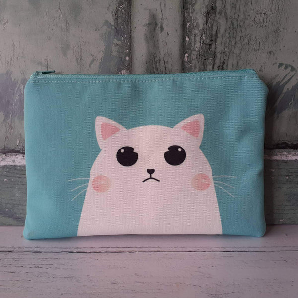 Mint Green White Grumpy Cartoon Cat Canvas Larger Zipper Pouch